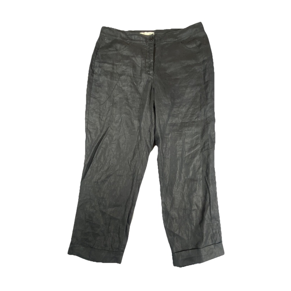 EILEEN FISHER Pants 12 Trousers Black 100% Organic Linen Cropped Cuffed Stretchy